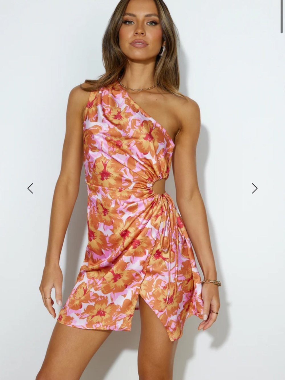 One-Shoulder Pink & Orange Floral Mini Dress